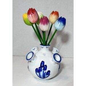 Holland Delft Blue And White Tulip Mini Vase 5 arms w/ Tulips Souvenir